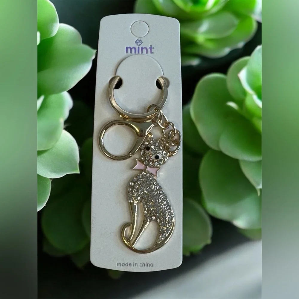 Mint Gold and Silver Rhinestone Cat Bag Charm